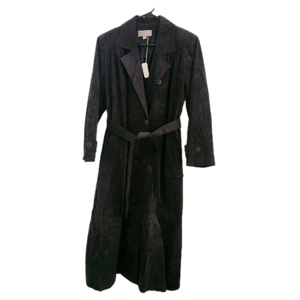 Women's Vintage Black Ultra Suede Trench Coat Duster 1970s Size 4 Gino Rossi